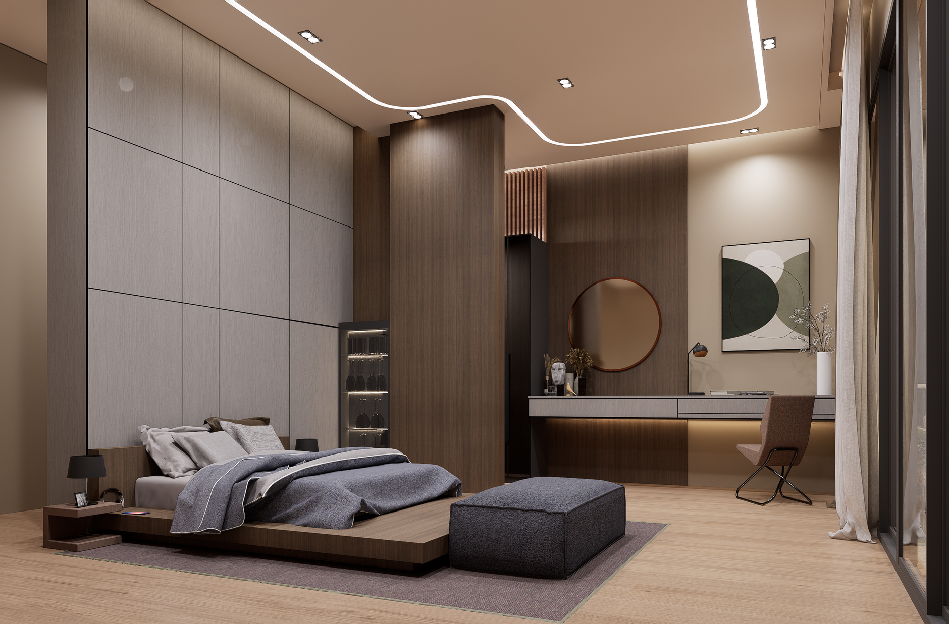 Primary — A quiet, tonal retreat in greige and oak, opened to the treetops.