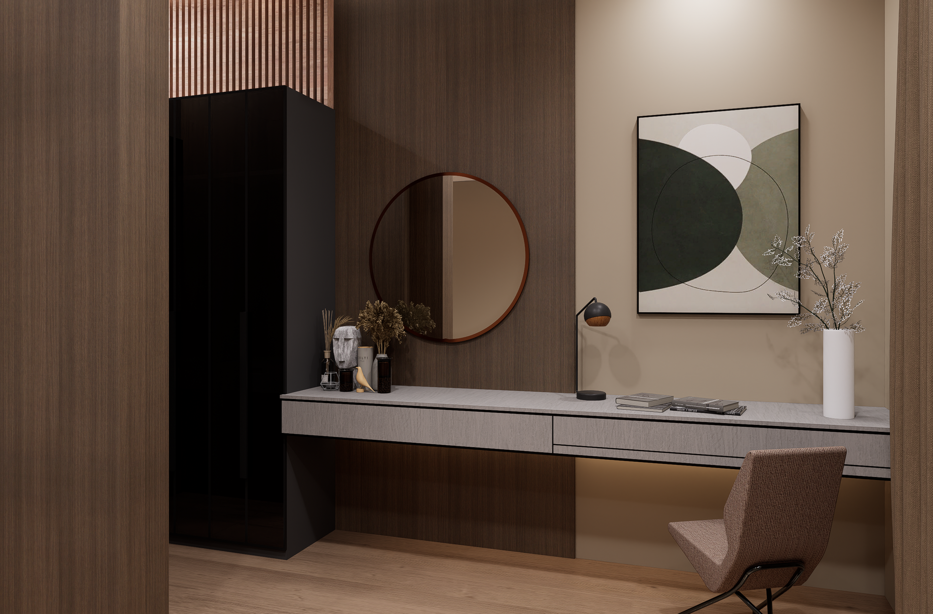 Study — A walnut-lined room for an architect who lives in drawings.