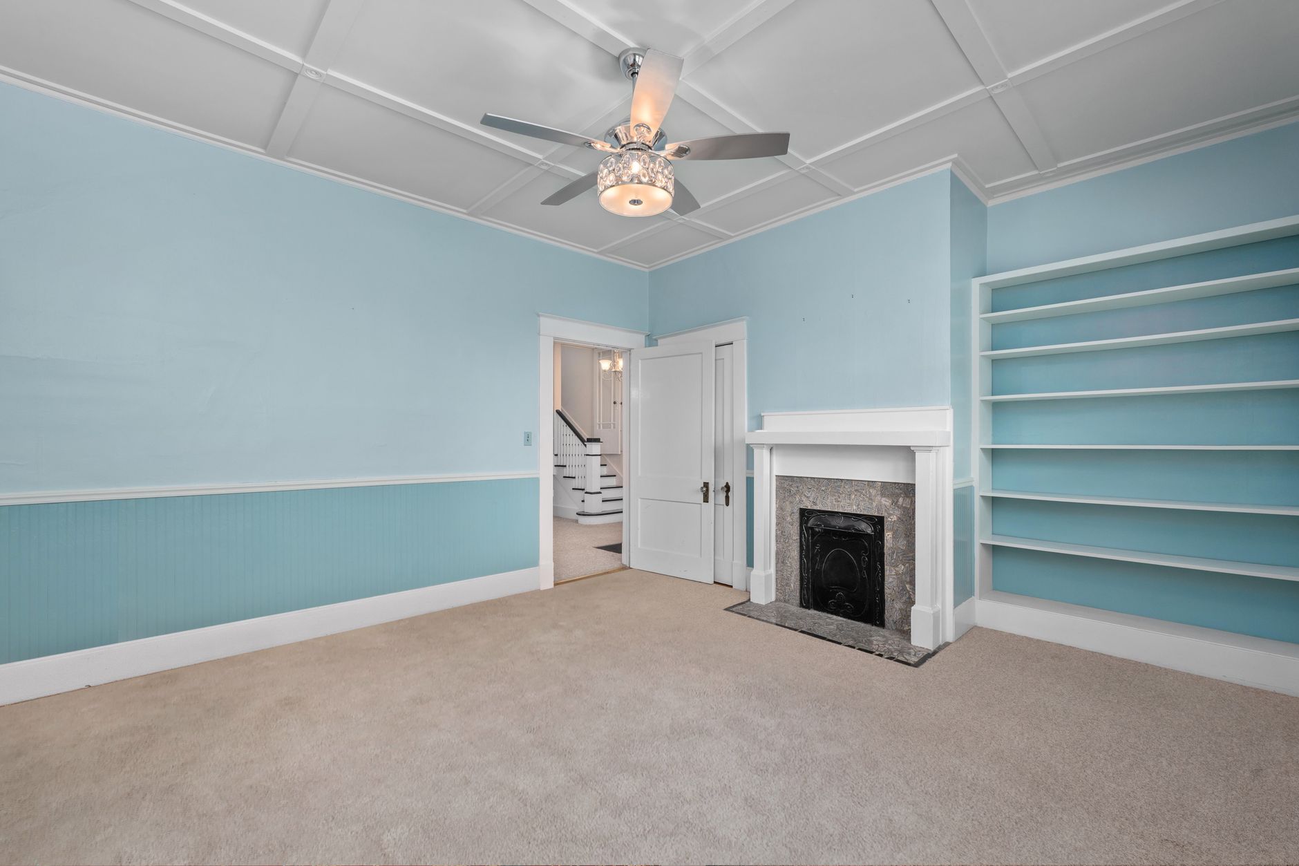 Original built-ins, lifted with olive & warm neutral.