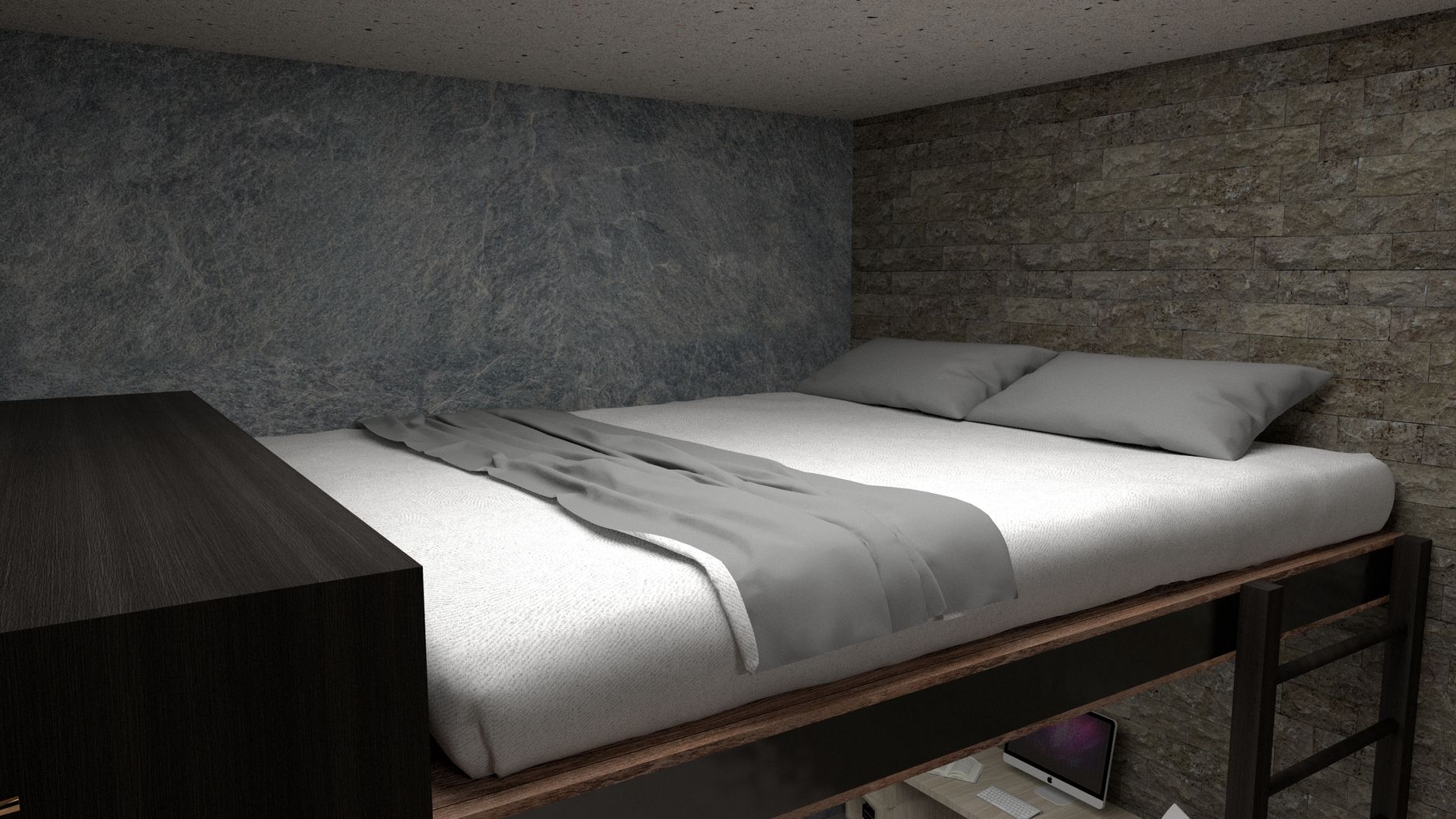 Mezzanine — A low, warm sleeping loft tucked above the noise.